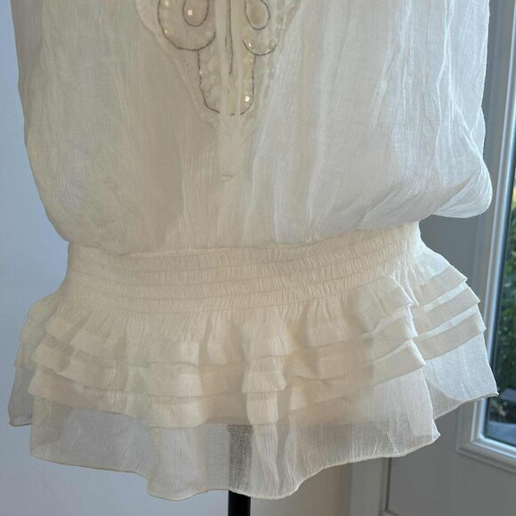 Sheer Ruffle White Peasant Blouse with Beaded Lace Applique - Smocked Hem – US M - Picture 2 of 9